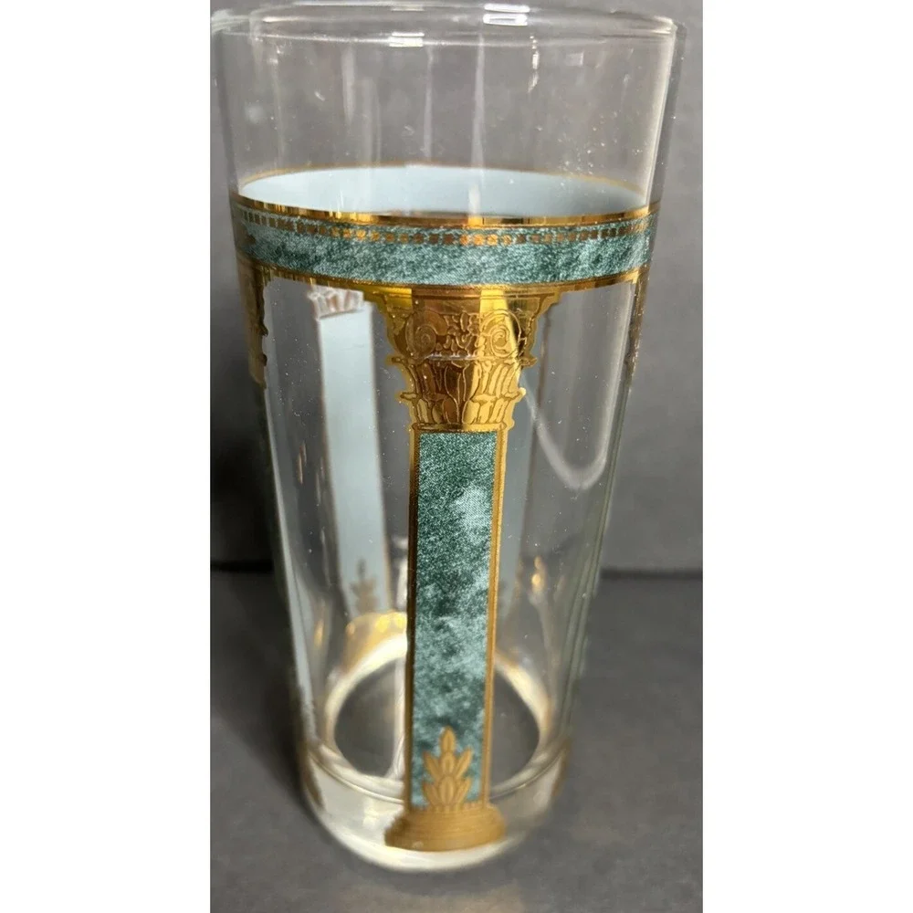5 Vintage Culver Highball Glasses Athens Greek Columns Green Gold Retro